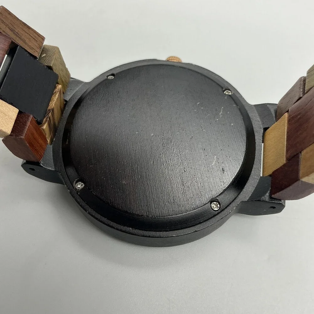 Bobo Bird Mens Watch 46mm Black Red Dial Wood Stainless Date New Battery 8